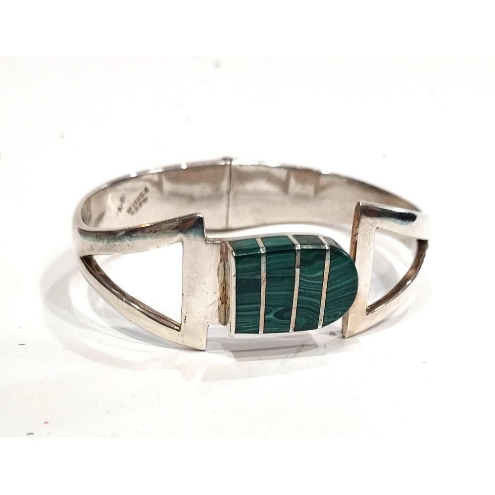 Bracelet Modernist Sterling Silver and Malachite MEXICO Hinged GORGEOUS